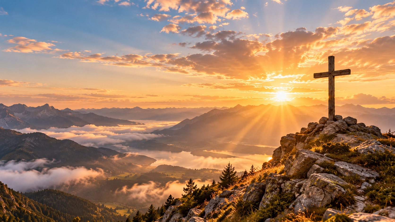 Une croix au sommet d'une montagne, au lever du soleil, au-dessus d'une vallée dans la brume